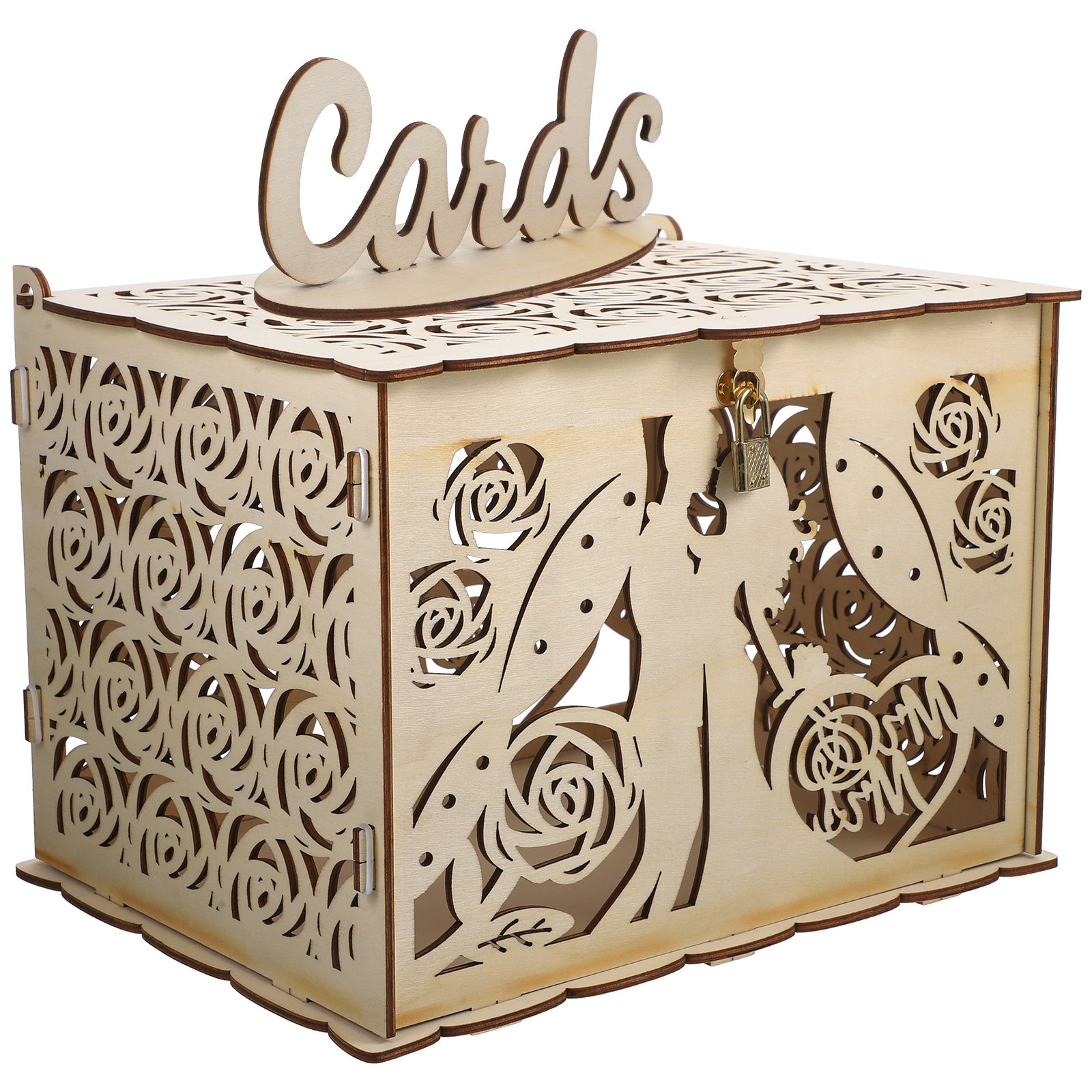 Wedding Card Box - Hollowed Out Natural Wood Wedding Card
