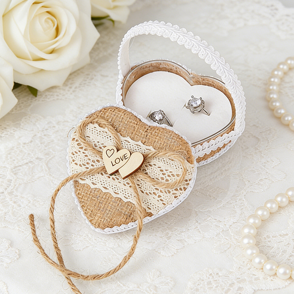 Ring Bearer Pillow - Vintage Heart Shape Burlap Lace Ring