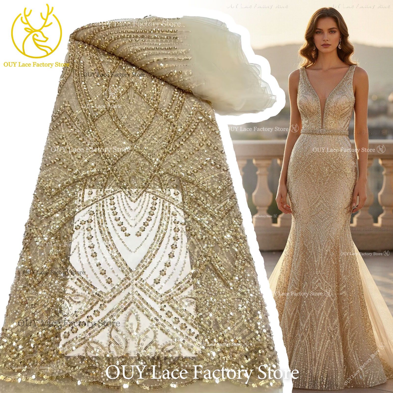African Gold Beaded Lace Fabri - Wedding Dress Supply のレビューと価格