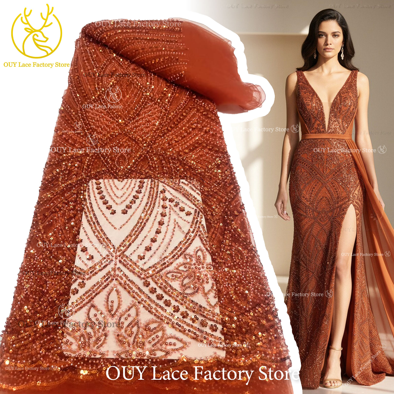 African Gold Beaded Lace Fabri - Wedding Dress Supply のレビューと価格